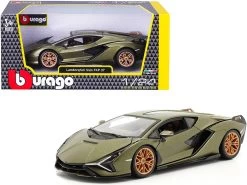 Lamborghini Sian FKP 37 Matt Green Metallic With Copper Wheels 1/24 Diecast Model Car By Bburago
