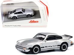 Porsche 911 Turbo (930) Silver With Black Stripes 1/64 Diecast Model Car By Schuco